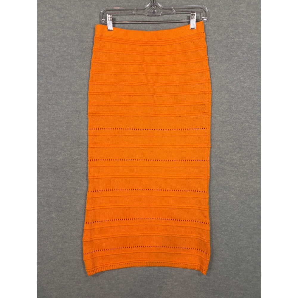 Freshman 1996 Orange Knit Midi Skirt Pointelle Ribbed Cotton Blend Size M